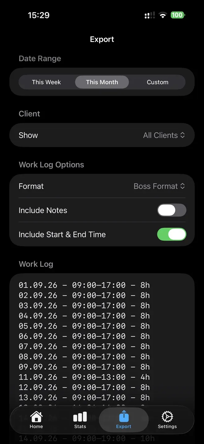 Hourly exports and backups: actual app interface with example records